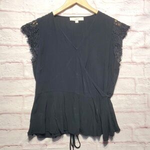 Women's Elegant Black Wrap Blouse with Lace Detail